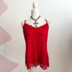 Red Lace Trim Tank Top Y2K Coquette Fairy Grunge‎ 2000s Cami XL